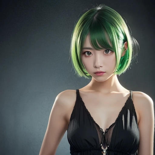  1 girl,  green hair,  Red Eyes,  dress,  short hair, (Alone:1.3),  