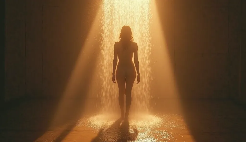 "A figure standing in a shower, with water falling on her body and forming a golden light around her. on the ground, dark shadows flow down the drain, representing spiritual discharge through the purifying bath."