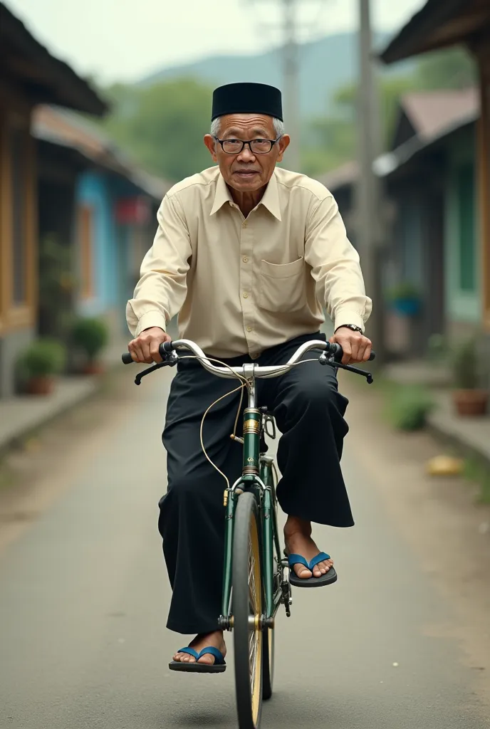 a 45 year old asian man,wearing a black peci,wearing a small glasses,clean white skin,wearing a cream Islam clothes,black long pants and blue flip-flops.his riding ad dark green classic bicycle on the village streets.
Indonesia village street atosphere.
hi...