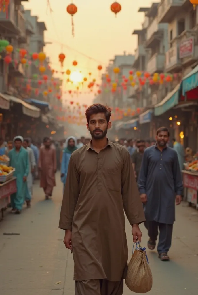 YouTube size 
 A busy Pakistani street during Ramadan, featuring the same young middle-class man wearing a simple brown shalwar kameez with short hair and a neatly trimmed beard. He is carrying a small bag of food for Iftar, looking content. The street is ...