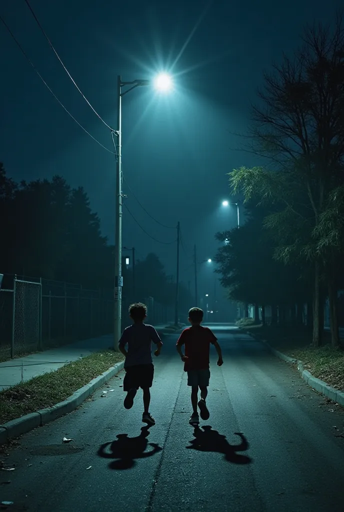 
EXT. PLAYGROUND - NIGHT
The two boys SPRINT across the empty street, their sneakers SLAPPING
against the pavement. The streetlight above FLICKERS, casting eerie,
shifting shadows across the abandoned playground.