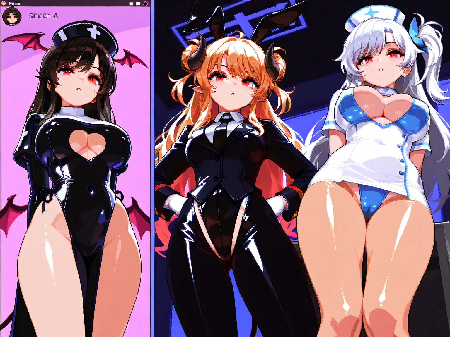 (Unbelievable high resolution, masterpiece, best quality, extremely detailed depiction, high quality pixel art),(Character selection screen of the game where you control a succubus: 1.5, focus on the character selection screen of the game),(Latex costume, ...