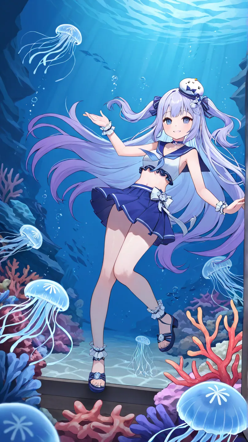 The jellyfish sailor、Drift underwater surrounded by colorful coral reefs、Attacked by jellyfish tentacles、 Detailed Details、