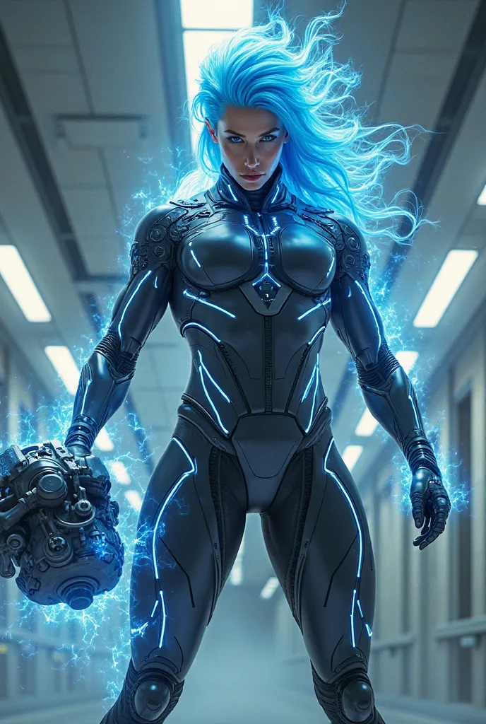 Prometheus in a laboratory-protest, blue electric hair, suit with light circuits, destroying a robot with a laser hammer