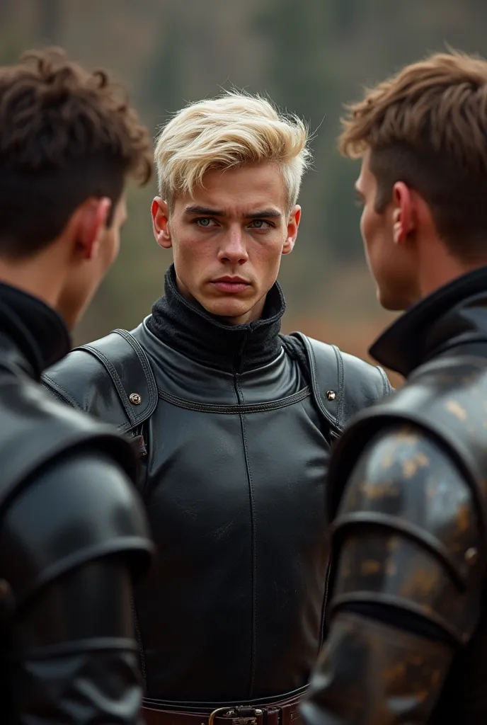 Young man with pearly blond hair, red eyes, black leather battle uniform dress, confronting a man with dark brown hair and light blue eyes, And a man with light brown hair and yellow eyes. practicing in a combat arena.
Imperial Knights.