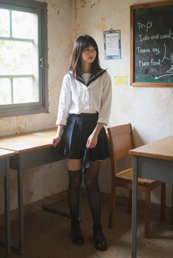 uncorrected　High school student wearing black stockings　roll up her skirt and take off her pants
I can see my pussy at a glance　Japanese cute girl completely naked