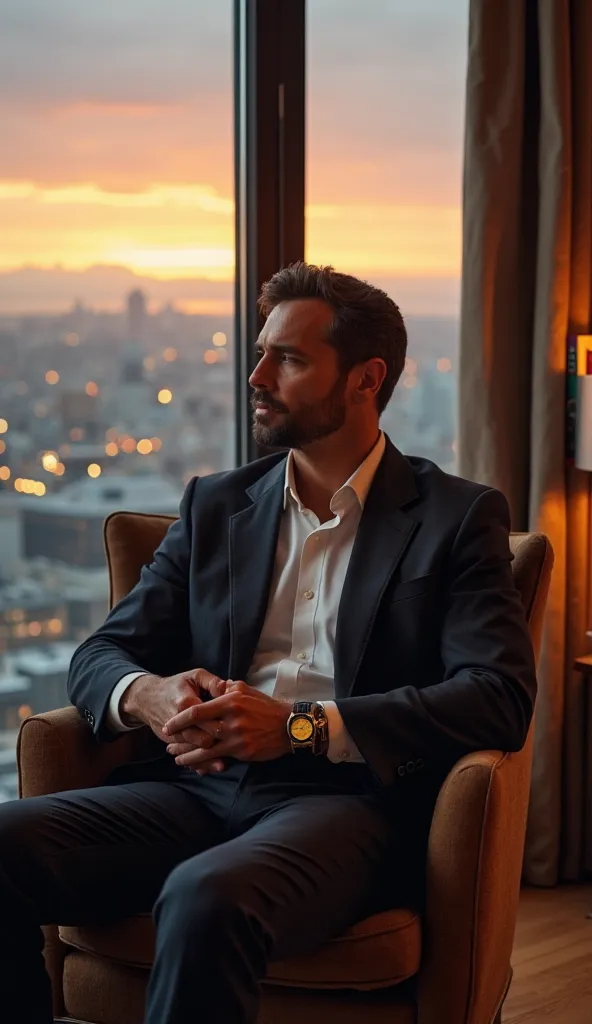 "In a luxurious home with a minimalist design, a middle-aged man in a well-tailored suit (around 40 years old) is sitting in a comfortable armchair, with a panoramic view of a city illuminated at sunset. In his hands, he holds a luxury watch and gazes at i...