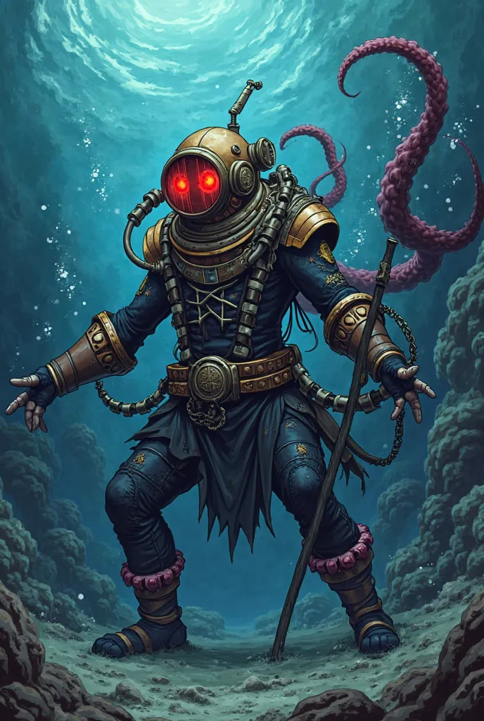 Draw Japanese anime style of an old diver wearing a single-circle helmet with a grille and a black suit and copper details with a worn and broken suit, What do red eyes flash,  at the bottom of the sea, with a sharp-pointed harpoon, with an aggressive batt...