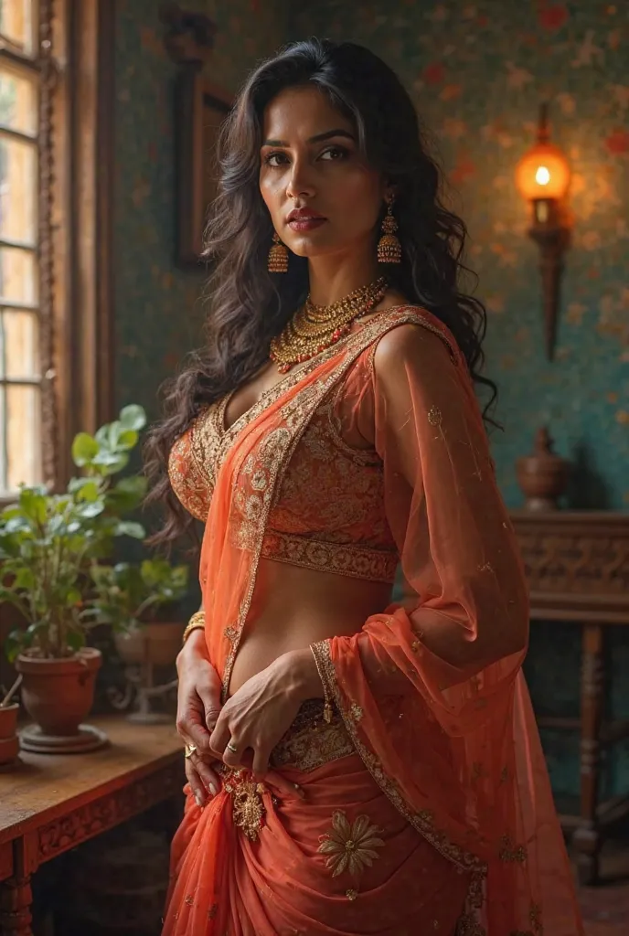 Hot indian woman in her 40s, voluptuous figure, in traditional indian semitransparent saree, elbow length blouse, bra visible through the blouse