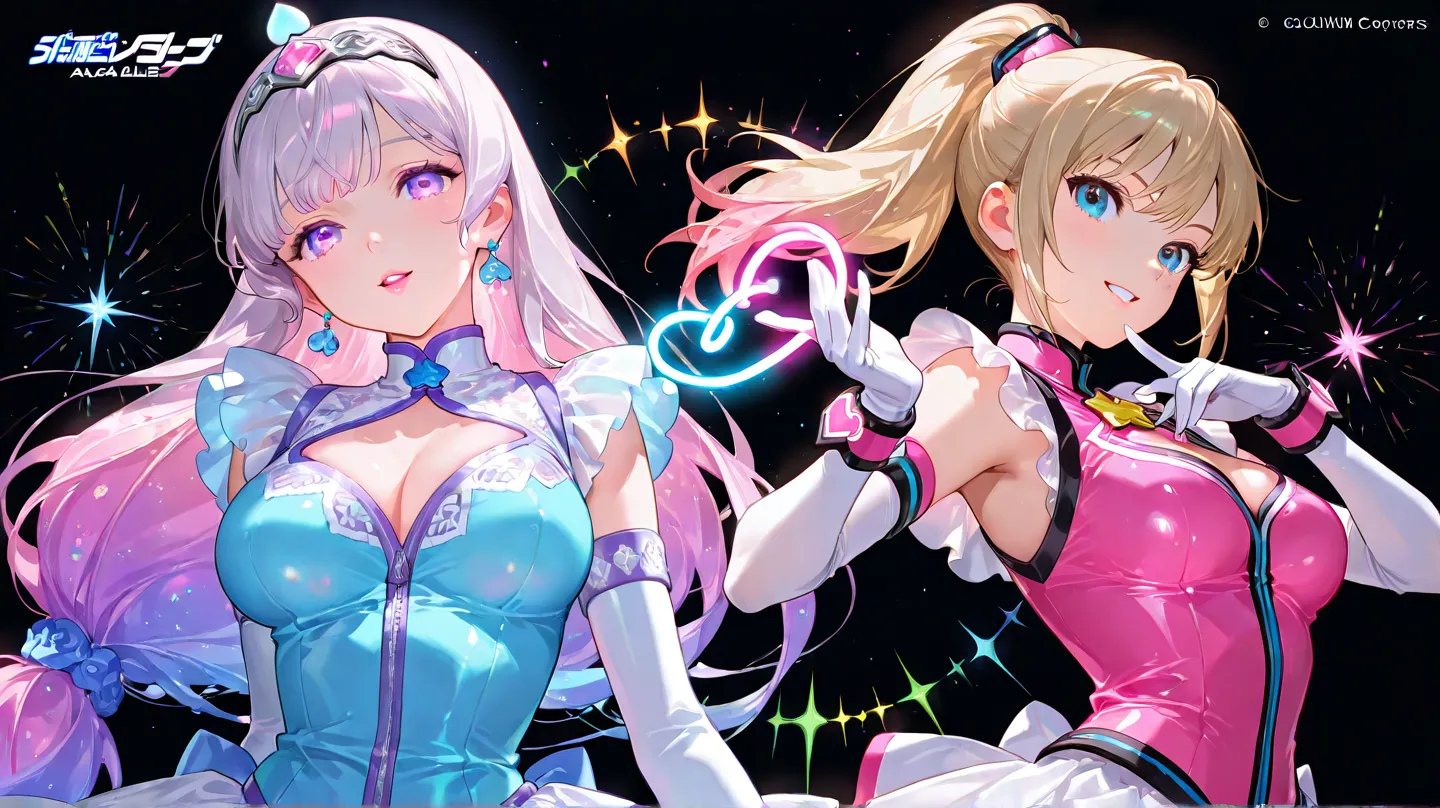 (( 2 girls)), Sentai Heroine, white swan, time pink, black background,colorful, lively, Shining Contours ,neon,colorful、Official Art、,viewer, masterpiece, very beautiful、sexy pose、Light powder、ponytail、 anime idol in Los Angeles