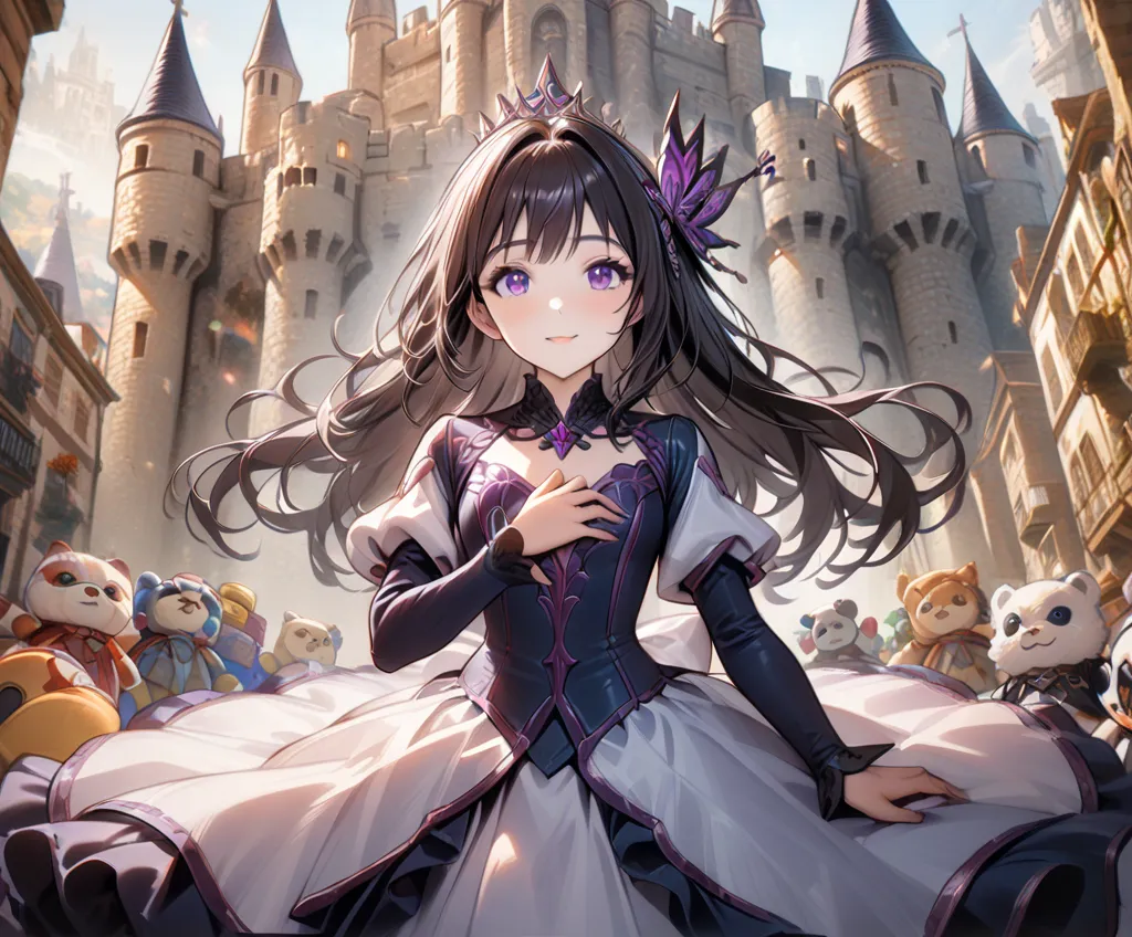 1 woman , Alone, Long hair, High resolution, looking at the viewer, Rice, black hair, hair ornament, purple eyes, toys, brilliance, princess dress,  dark blue clothing,  long sleeves, details in relief black,High resolution, masterpiece, Anatomically corre...