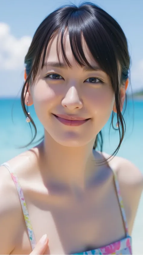 Close-up portrait of a Japanese model in a bikini frolicking in the ocean