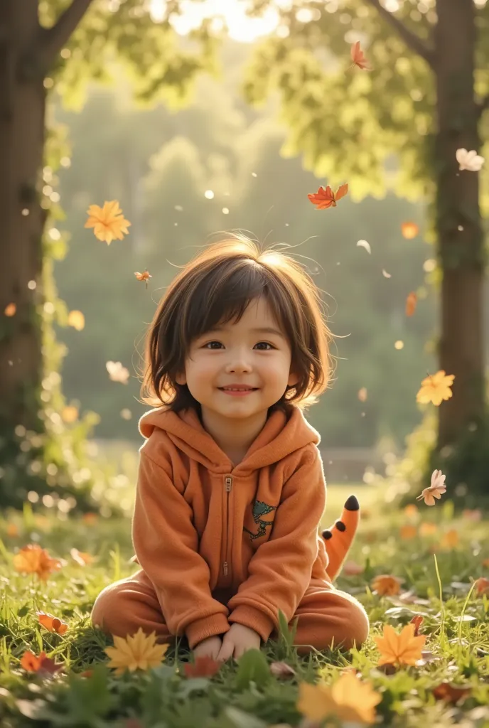 a cute little korean boy with black hair in a mullet cut, black eyes, wearing a dinosaur onesie, playing in a park