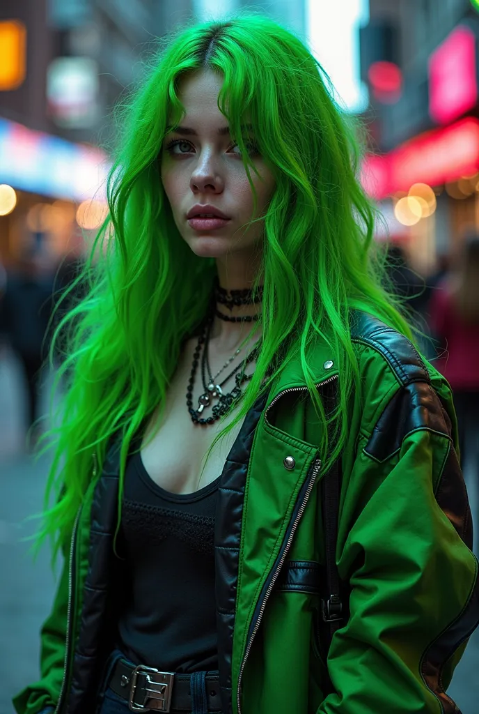 there is a woman with green hair and a green jacket, cyberpunk vibe, green and black hair, ! two tone hair! dye, neon and dark, green wavy hair, long green hair, green flowing hair, long straight green black hair, cyberpunk vibes, goth vibe, gothic city st...