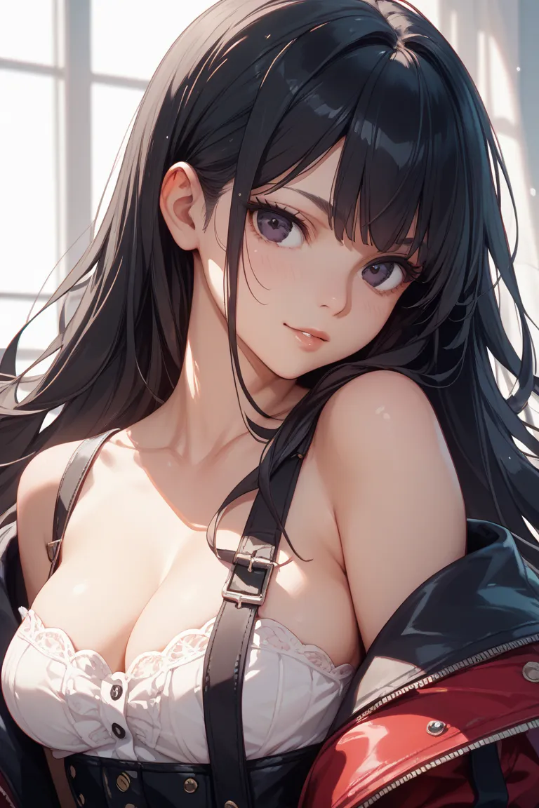 HIGH SCHOOL GIRLS、 Costume、upper body naked、and my boobs are sticking out、Low body、 black hair、dark eyes、long hair