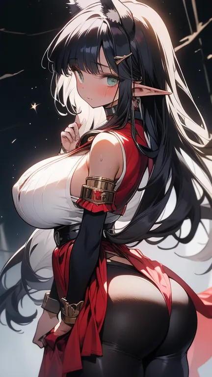 Elf anime girl , hentai style with huge breasts, monumental breasts,  with a wasp waist and huge ass, the girl stands on her back and turns her face and part of her body to see the user;  huge hips, with very dark skin,  Sweaty skin,  green eyes and long p...