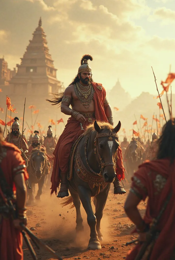 Create a dramatic scene of Samrat Ashoka leading his army during the Kalinga War. Depict him in ancient Indian warrior attire, standing tall on a chariot or horseback, with a fierce expression as he commands his troops. The battlefield should be chaotic, w...