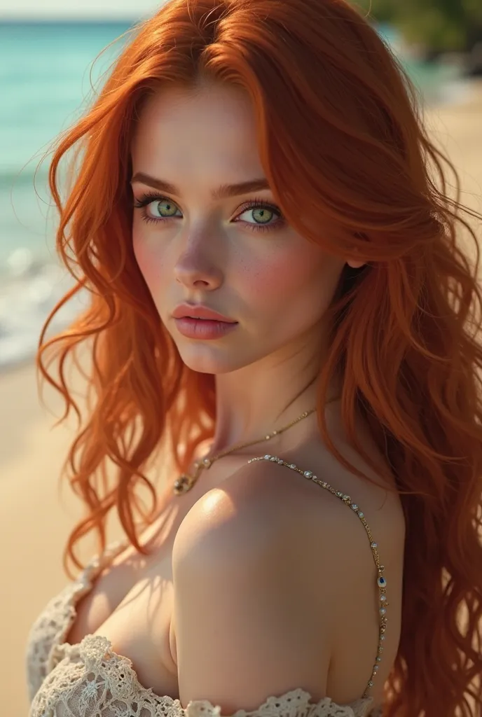 Beautiful curvy redhead with green eyes on the beach