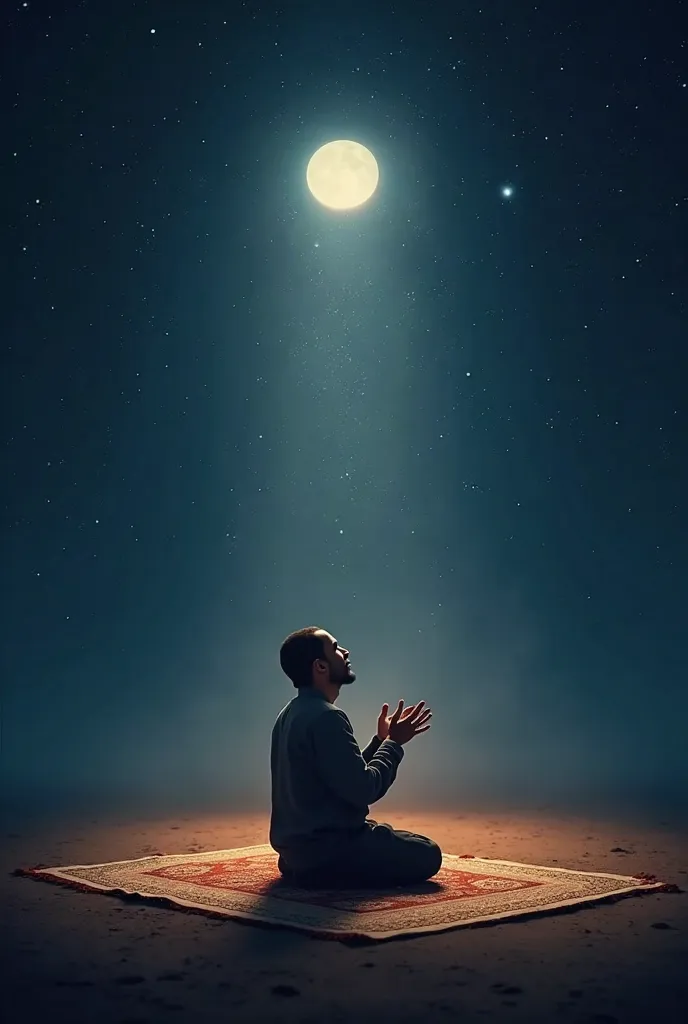 A spiritual image symbolizing prayer and Qiyam al-Layl (night prayer), depicting a person praying with deep devotion in the stillness of the night, surrounded by an aura of tranquility and light. The stars twinkle in the dark sky, while the moonlight refle...