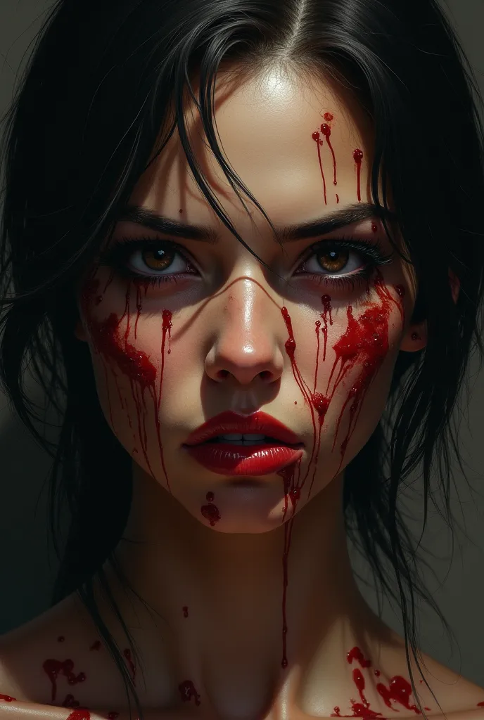 Serious women face, sleepy agressive eyes with blood sheds on face