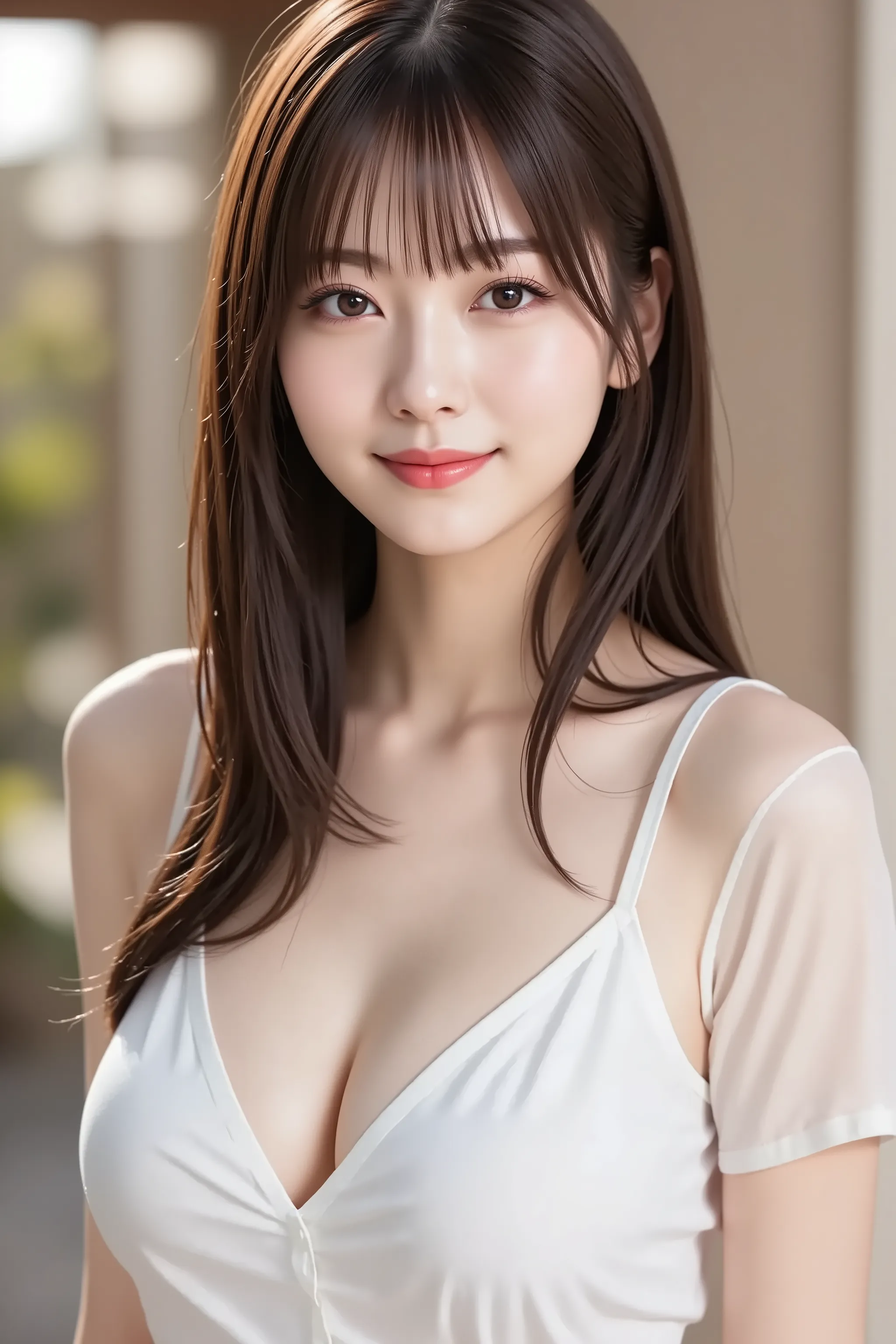 face positioned accurately in the center of the image, Upper chest, head is fully reflected with tight tension, face is clearly visible as a full body shot, white shirt, Women's Room Background 、long hair around my chest, Bangs, smile, young and cute Japan...