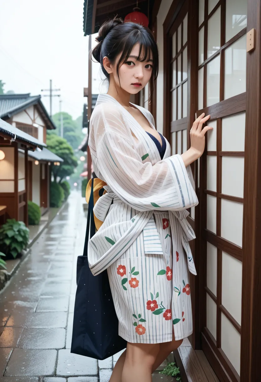 There is 1 Japanese woman whose fabric is thin and white (Cheap)back view of a Japanese woman wearing a yukata climbing the stairs in the rain of the festival。Panties and bra are see-through from the yukata(Exactly how transparent it is)