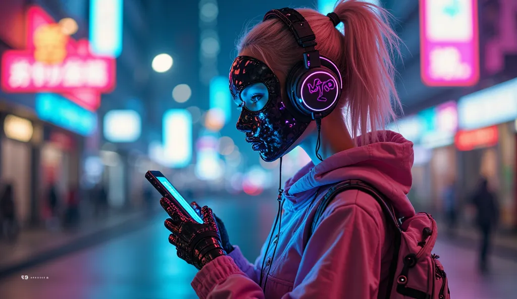 A cyberpunk image, a girl in street, wear a cool neon dress, with a cool mask and a headphone, she with his cyberphone, phone like a ai robot, cool neon color effect, cool cyberpunk city background 