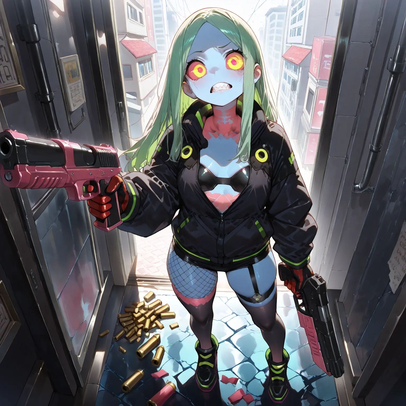 (  high quality,4K,     nothing  ,      masterpiece:1.2),   One Woman、yellow eyes、red sclera  、  pink tattoo    、 yandere、big eyes、 Frown、random suspect、 serrated teeth  、Cold Stare、Frown、Overbearing、Intimidation、Sharp Eyes、Blue Skin、)      green hair 、   ...