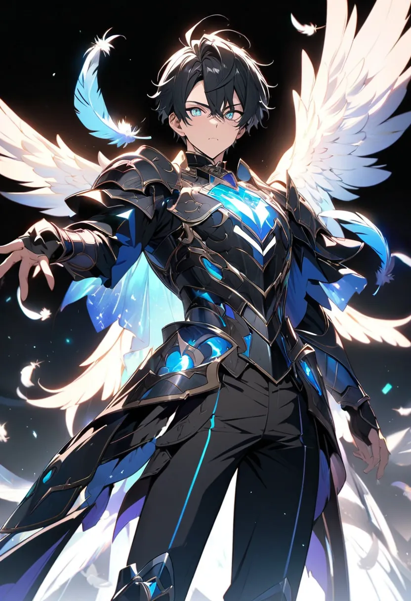 masterpiece, insanely detailed, absurdres, male, Handsome guy , shining eyes ,big eyes, Make your eyes sparkle, black hair ,with motif of virtual YouTuber,full body shot, Black and white feathers fluttering ,an anime poster, like concept art ,solid black b...