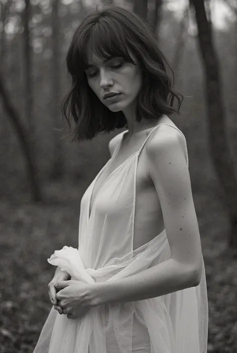 A young woman, light-skinned, with shoulder-length dark brown hair, is featured in a black and white image.  She is positioned slightly off-center to the left side of the frame.  The woman is looking downward, and her expression is contemplative.  She is w...