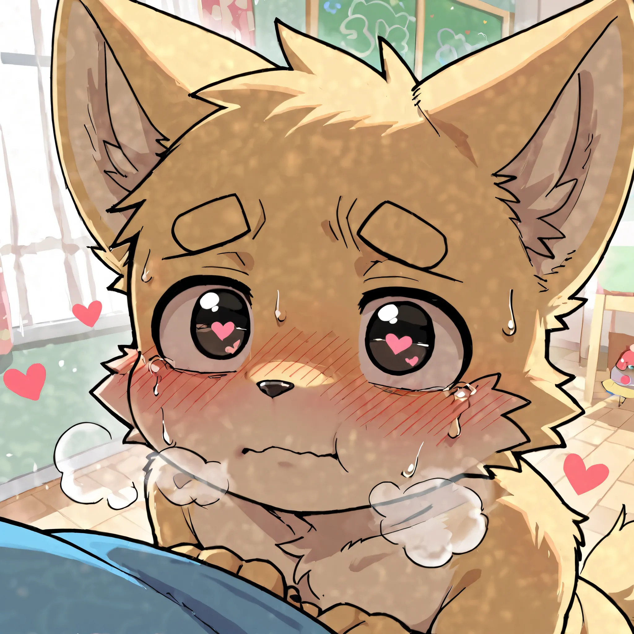 Super high resolution, detailed background, furry Shota boy(furry ears), Kemono furry shota boy, innocent kindergarten furry boy, close-up face, about to kiss, kiss waiting face, blushed, embarrassed, naked, heavy breath, moist thin eyes , Swollen cheeks ,...