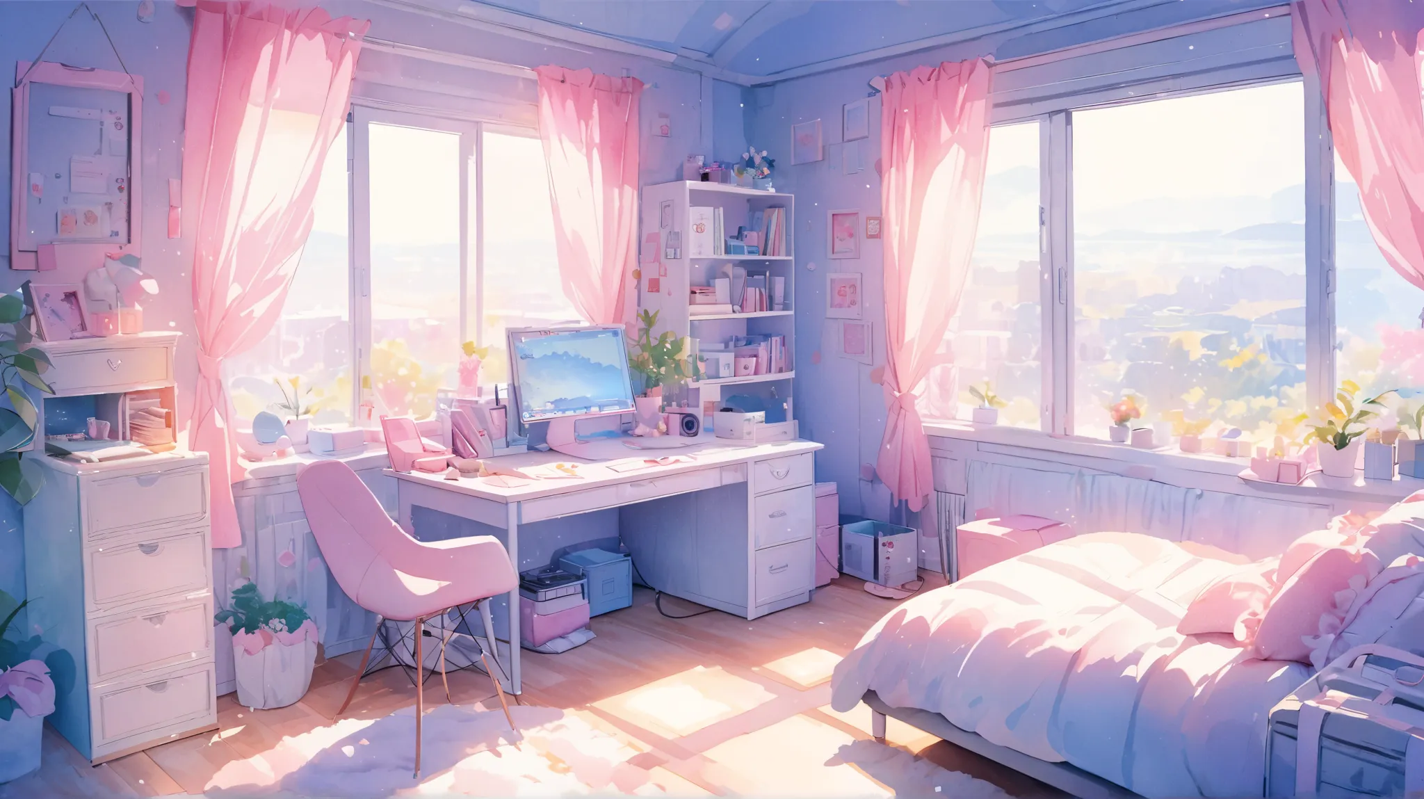 top quality, a room with no one, Desk and computer,  Windows and Curtains ,  girly room, The blue sky spreads out of the window , Soft light lighting, watercolor, Pink and blue as the base