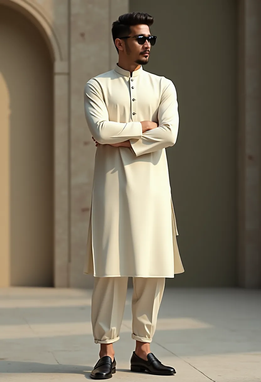 "A 17-year-old Pakistani young man with a short, neatly trimmed army cut hairstyle, wearing sunglasses, standing confidently while looking to one side. He is dressed in an off-white kurta with matching off-white pajama and black loafers. The image should b...