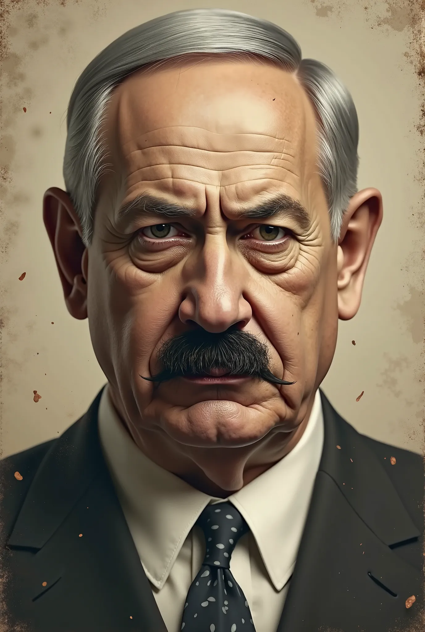 Create a 1940's like photo of benjamin netanyahu  with Hitler's mustache 