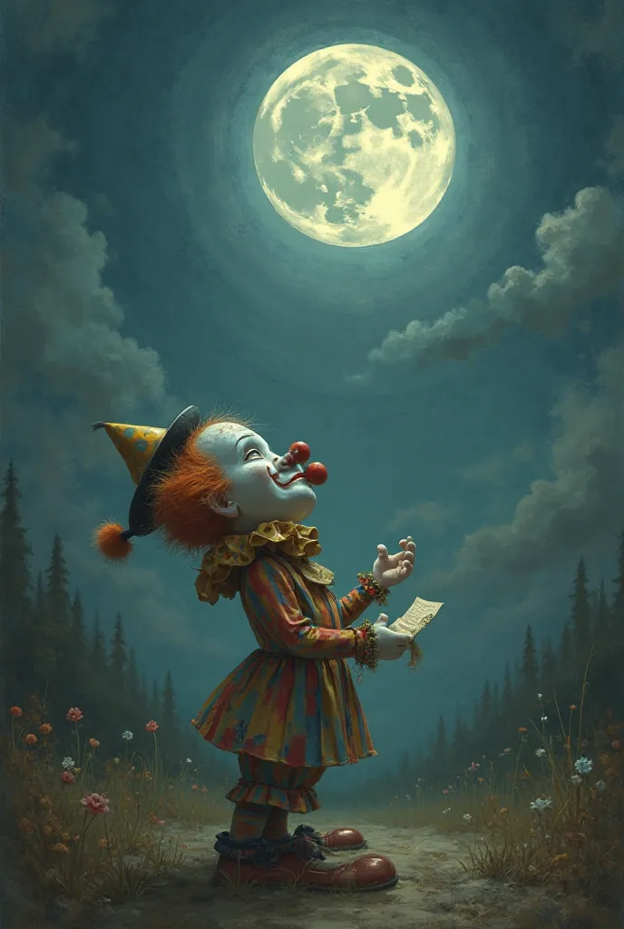 Clown in love with the moon looking at the moon with a poem 