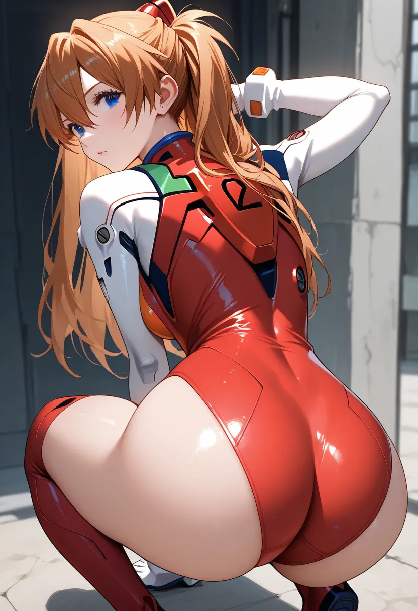  Neon Genesis Evangelion 、 Aska Langley、 perfect face、 best quality 、masterpiece、turn her butt,squat