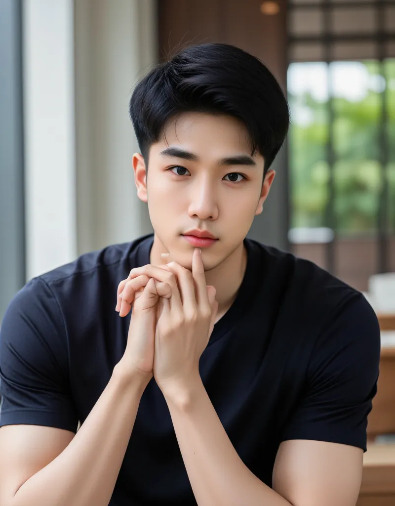 This picture is a portrait of a young Korean man sitting at a table with his hands resting on his chin.. He is wearing a black T-shirt and has a serious face color. Blurred background, , but it seems to be a room with windows and some trees.. light, soft a...