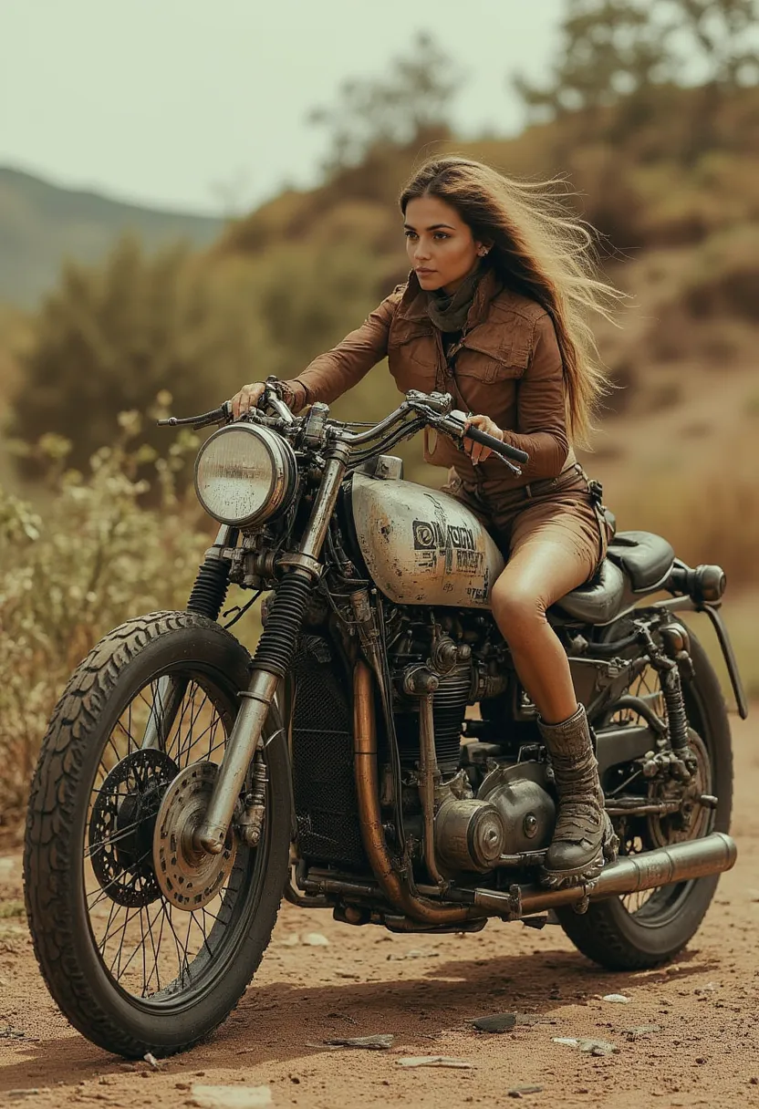 (masterpiece. super high definition of the front hair .realistic)、German military motorcycle from World War II with peeling paint、美しいfemale guerrillasがレトロオートバイに乗っている、beautiful female soldiers、female guerrillas、female guerrillasは完璧な体です、Tribal Princess、femal...