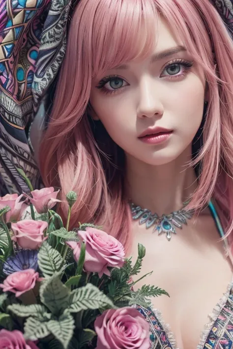 (ultra- detailed background,  detailed background),  absurd,  high res,  ultra detail,  extremely detailed,  1 girl,  ,  pink hair,  purple eyes, (bouquet:1.3), ( zentangle:1.2), (Geometric:1.2),( colorful ),