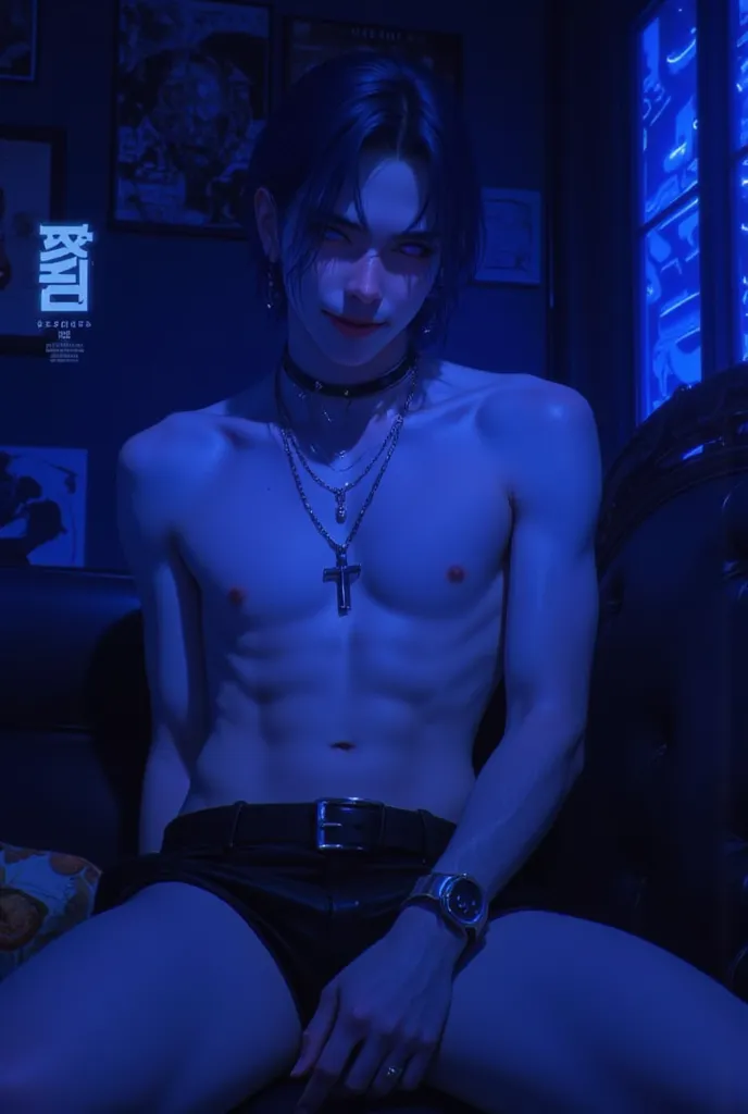 A man like 24 years old,with dark blue hair and light purple eyes, a charming and flirtatious smile. Wearing no clothes, and no pants, He sat on the sofa, the room looked dark with soft neon blue lighting.