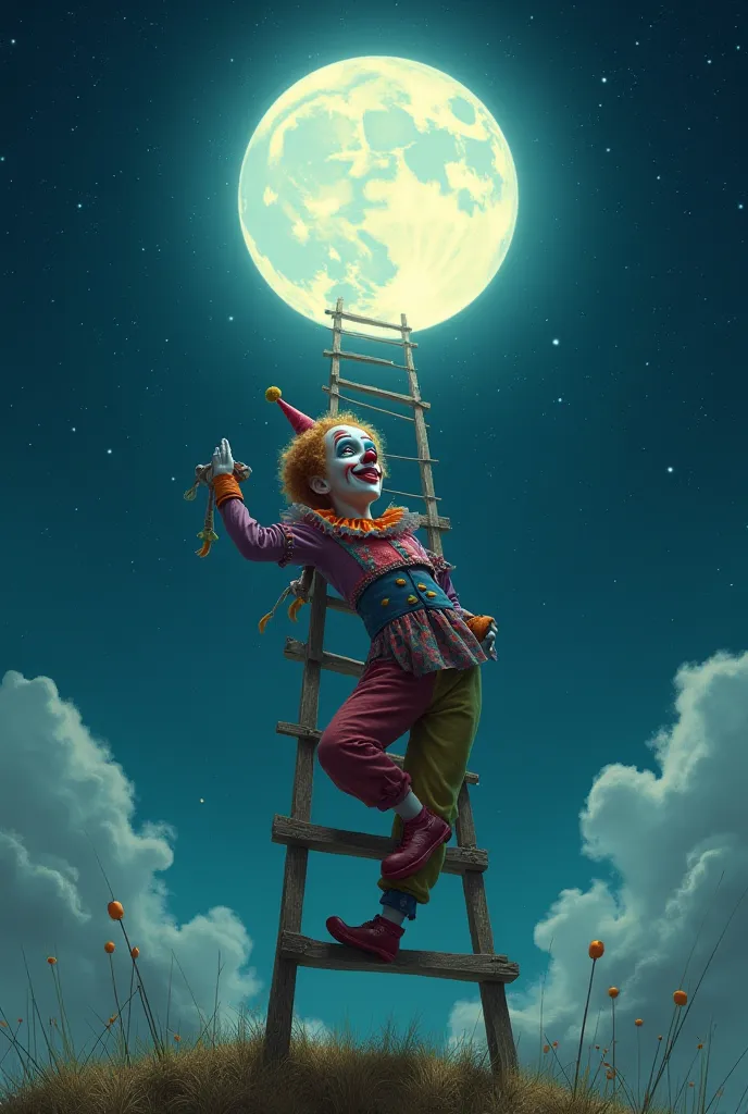 Clown in love with the moon with a ladder trying to reach the moon 