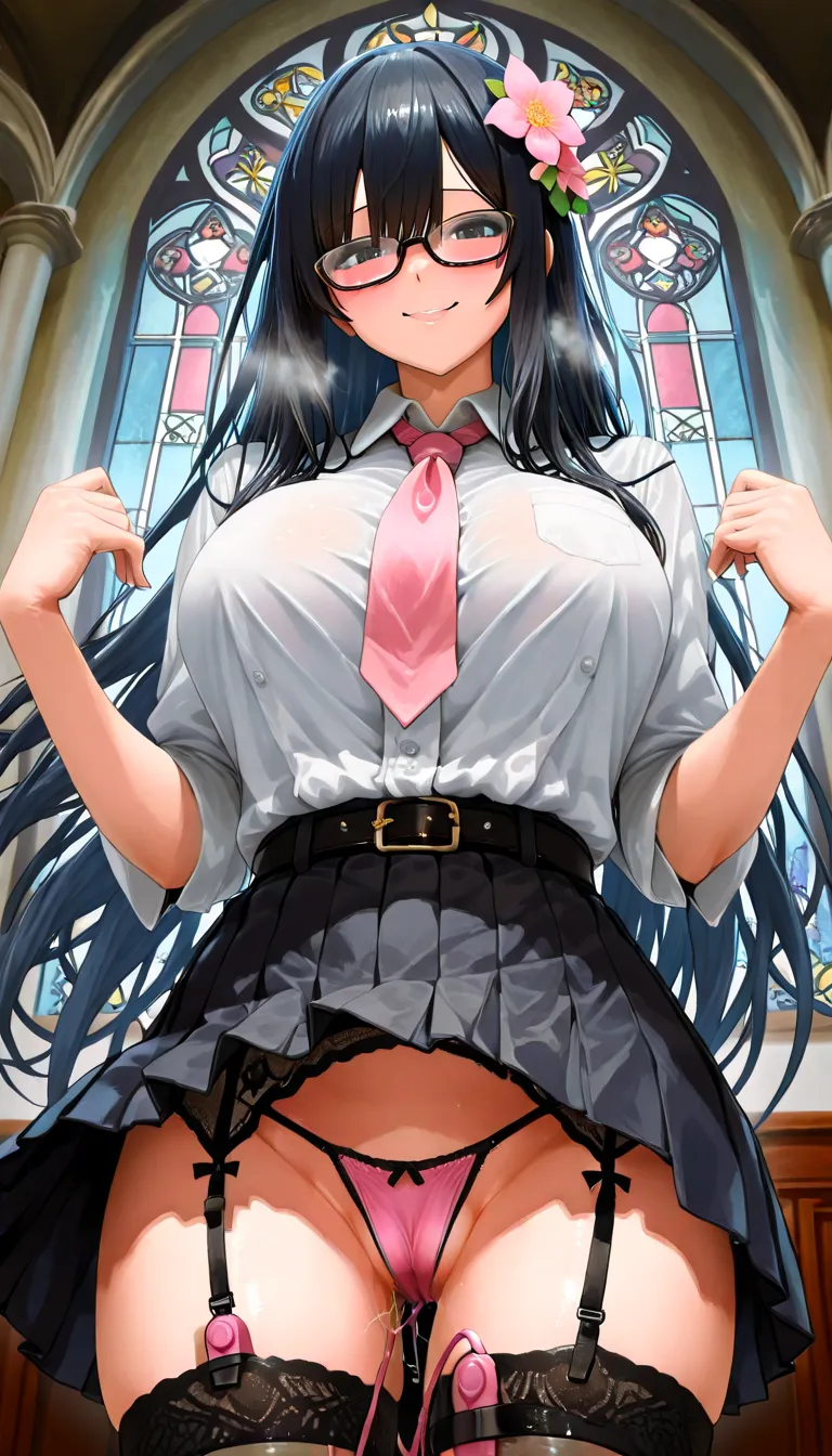  Flowing Long Black Hair 、(Show me lots of pink flower hair ornaments)、glasses、(Prostitute、 Bitch、slutty woman、 kind、embarrassing、 is relaxed、sagitales、open their mouths、Steam、ahe face、 toro face、Ecstatic face) 、bigger breasts in bikinis、 Vivid Pink Short ...