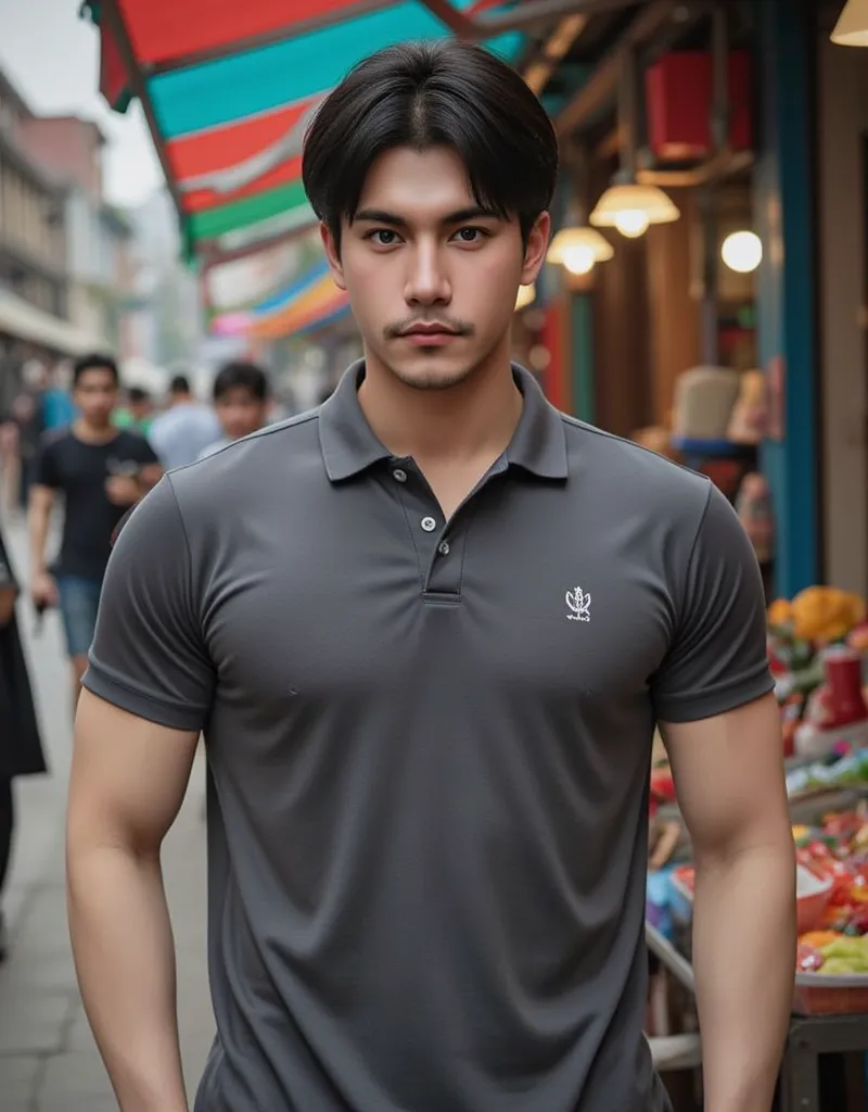 handsome male bodybuilding, wear polo shirt , in market