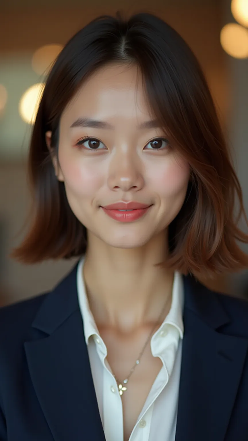 A cinematic close-up shot of a young woman with short, straight, soft brown hair and dark brown eyes. She has soft and natural makeup, with smooth and clear skin. She is wearing a modern fashion style outfit, including a white blouse, a navy blue blazer, a...