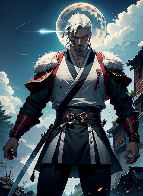 One Heart, The Swordmaster is a legendary warrior.，He is also the ancestor of the Ashina clan..  He is an old man with white hair and a beard, He wears a blue kimono.,It has a black pattern on it,He wears a white cape.. He carries a katana and a spear.. He...