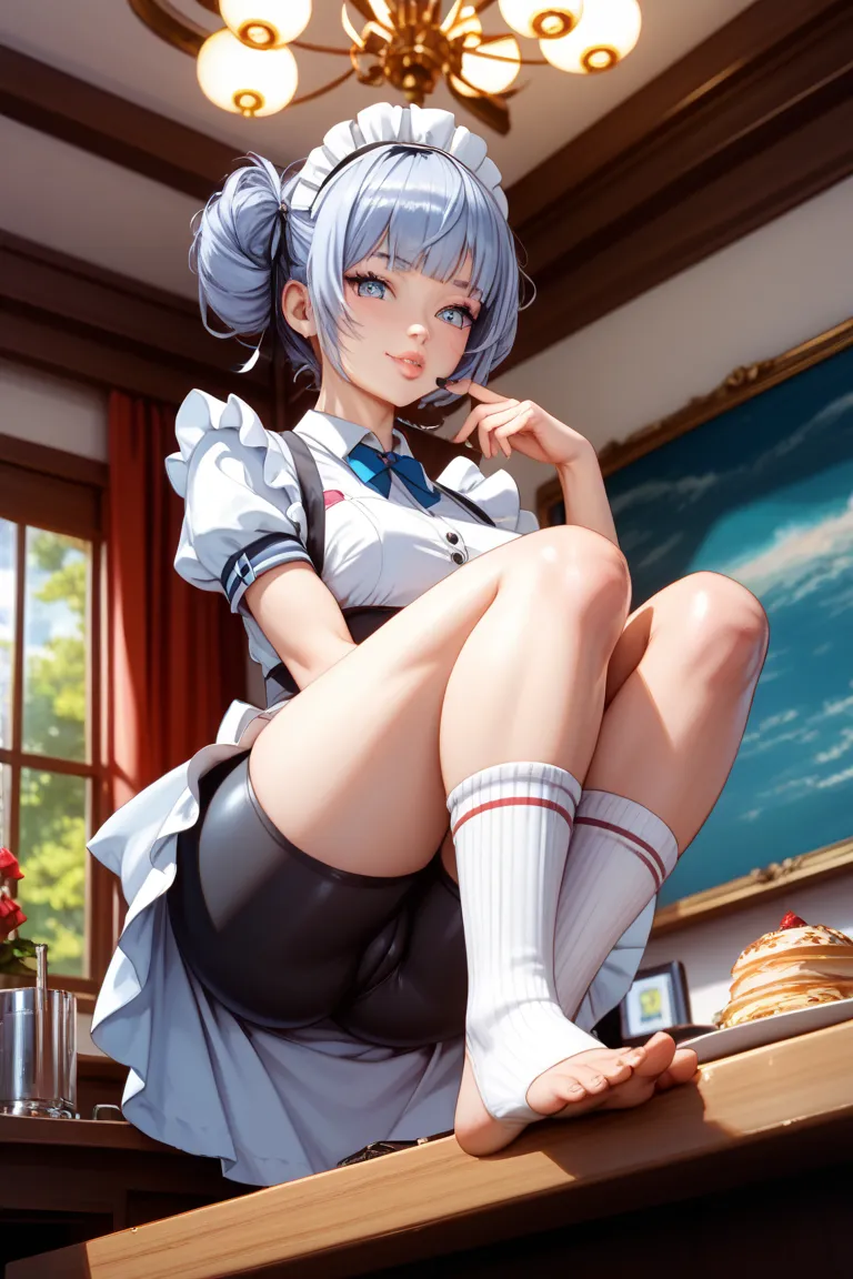 1 girl、Maid、sitting、frill socks、from below、 Ashikiri、embarrassing、bike shorts without、Puffy Lips、Toeless Legwear、Cross Race Legwear、masterpiece、top quality、uncorrected,4K,8k,high definition,masterpiece,super precise,realistic,waitress uniform with detailed...