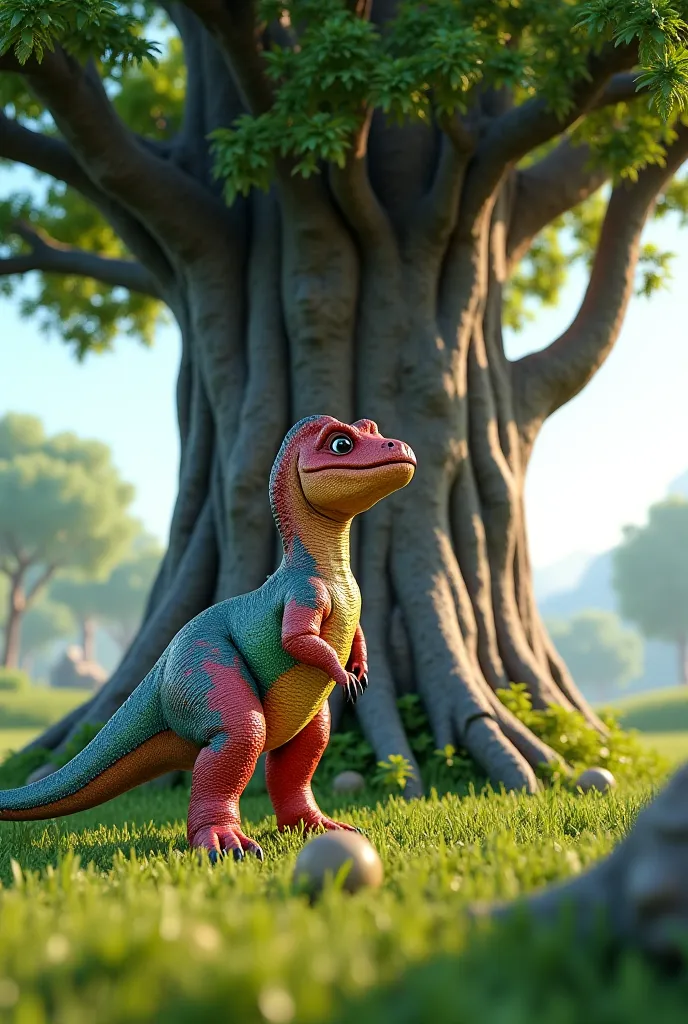 Create full screen 3D image of young dinasous standing near a big tree
