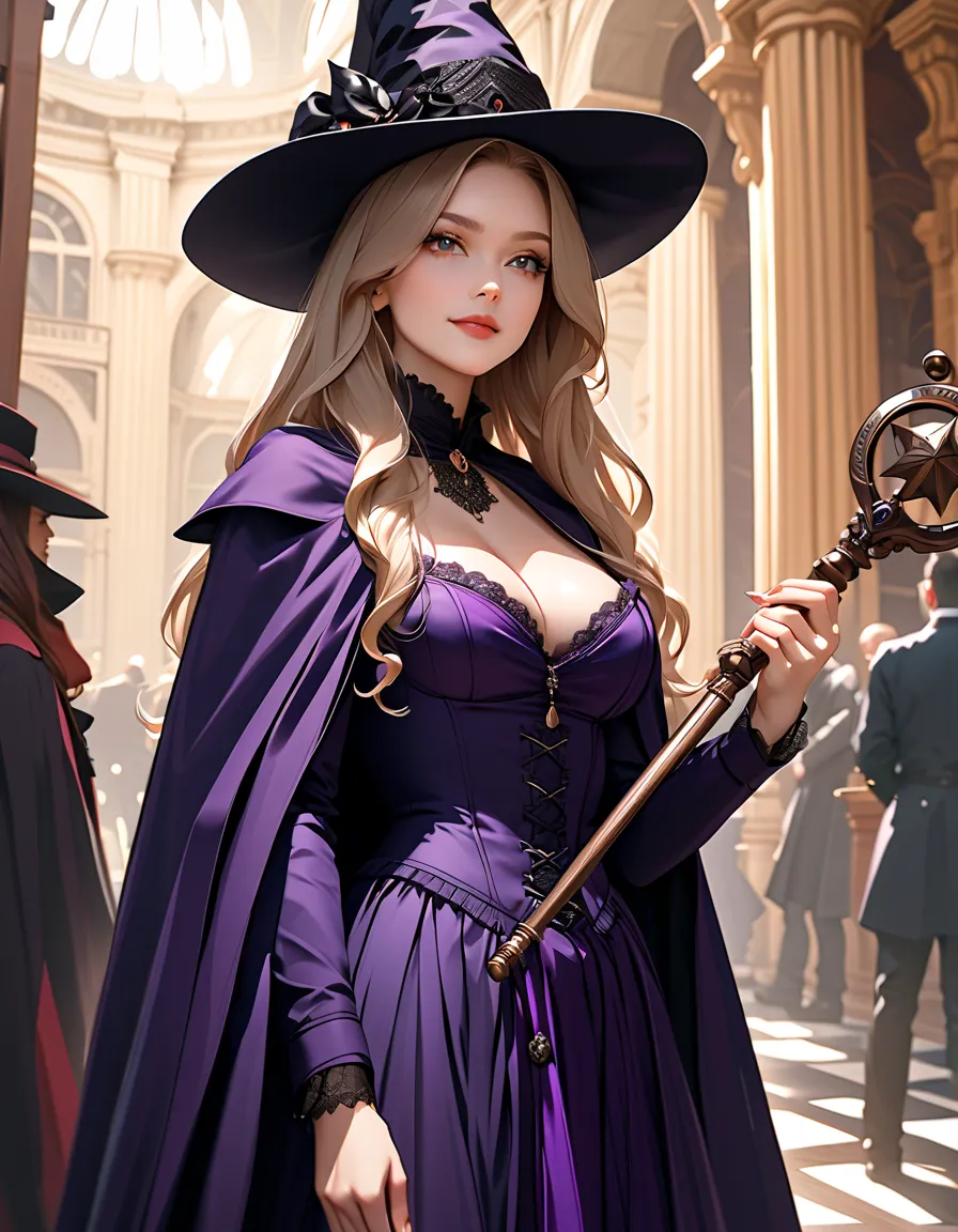 1woman, multiple women in background, coven, female, close up, witch, long hair, cape, staff, victorian era, fantasy, smile, academy, palace, luxurious, indoors, enclave, erudite, politics, studious conversation, large breasts, cleavage 