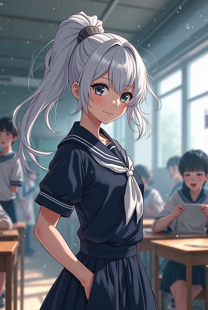 screenshot of My Hero Academia. White-haired girl with small wavy black locks, tied in a high ponytail with her hair down. He has dark eyes and pale skin. She is in a class 1-A classroom. 