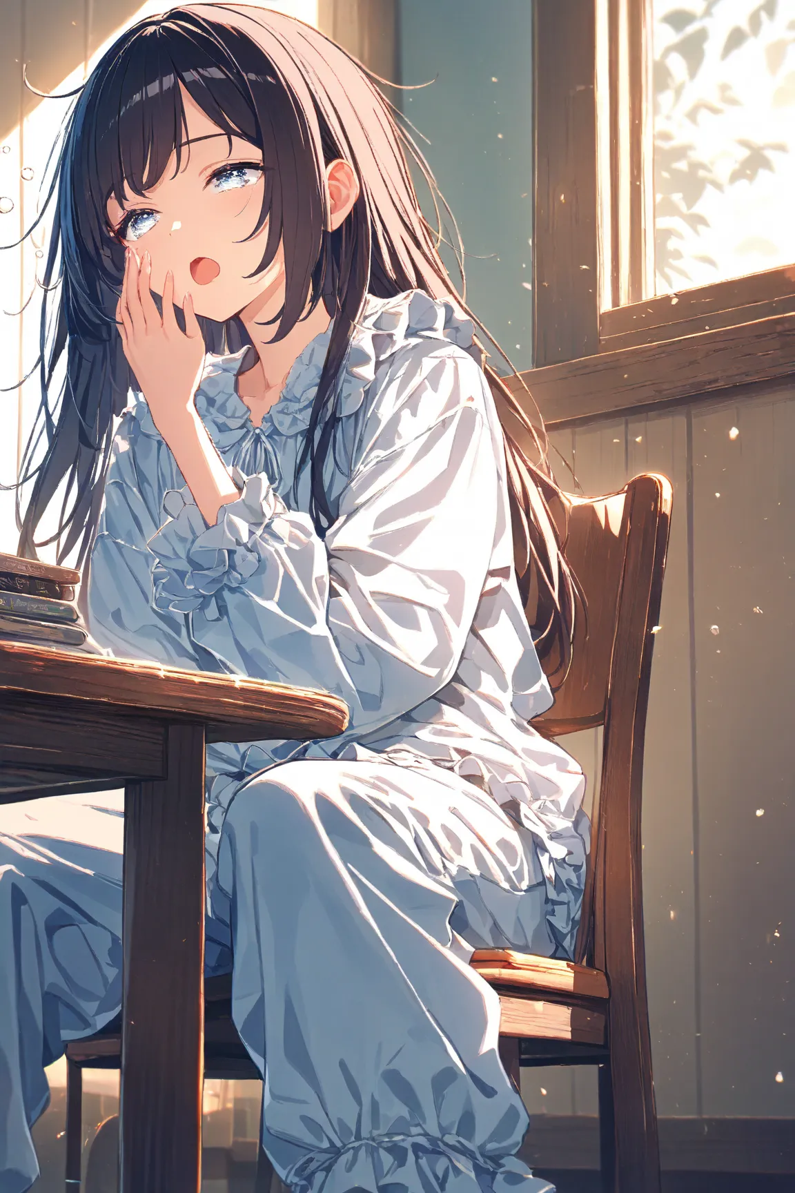 ((masterpiece , best quality,Super Detail)) , high definition,(Beautifully Detailed Eyes) , (very detailed face), sleepy face,Yawning,watery eyes,high school student,ruffled pajamas,one girl,indoor,Home, table,sitting on a chair holding,simple background